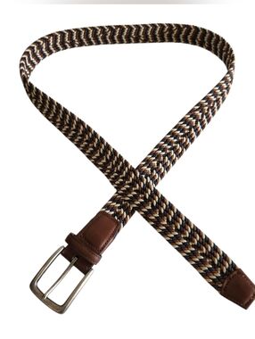 Torino Italian Braided Stretch Rayon Belt Blue Multi Leather Trim Size 36